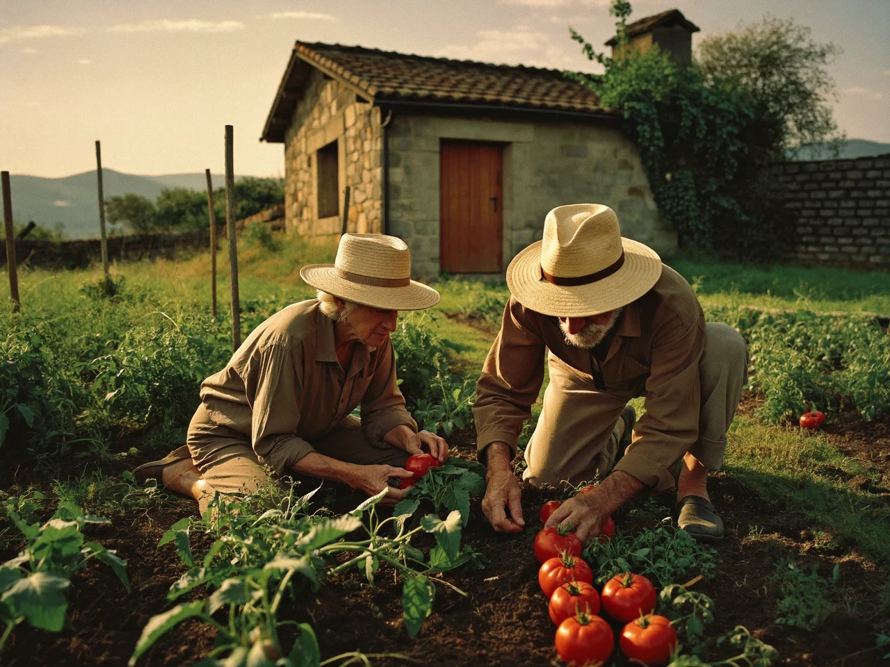 Due ortolani in cappello di paglia curano i filari di pomodori al mattino