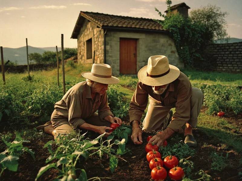 Due ortolani in cappello di paglia curano i filari di pomodori al mattino