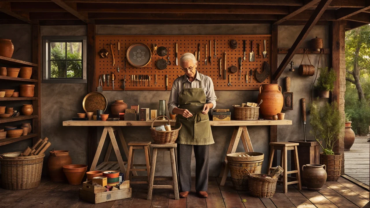 Capanno ordinato con vasi in terracotta, spago e attrezzi appesi a un pannello
